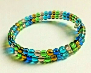 Multi Coloured Glass 4mm Round Bead 2 Coil Memory Wire Bracelet. - Picture 1 of 3