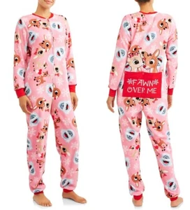 NEW Rudolph Christmas pajamas one piece Womens small Union Suit Drop Seat Pink - Picture 1 of 8