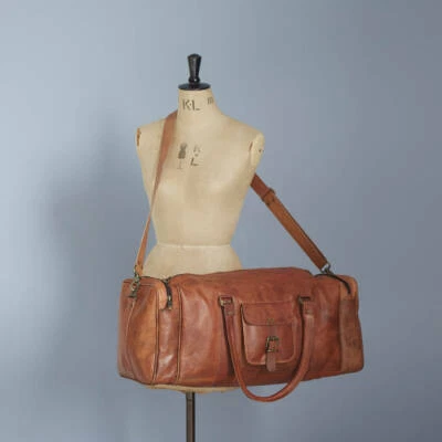 Equipaje de viaje genuino vintage marrón bolsas de gimnasio de cuero de larga duración para hombre Foto 1 de 4