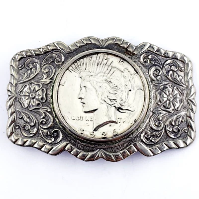 CAMPANA PLATA NÍQUEL De colección 1926 Dólar Morgan Moneda Adornada Hebilla Cinturón 3.25x1.25" Foto 1 de 4