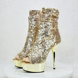 Delight 1008 SQ Gold Sequin Ankle Boots 6" Platform Heel US Sizes 11 & 9 NY - Picture 1 of 9