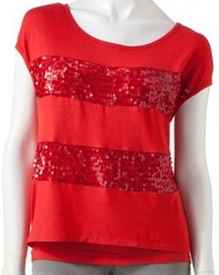 Heart & Soul Juniors Red Coral Striped Sequin Short Sleeve Cami Camisole Top - Image 1 of 4