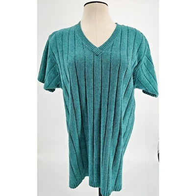 Denim & Co. NEW Woman Teal Green Pullover Sweater Size Large Short Sleeve Cable - Image 1 of 4