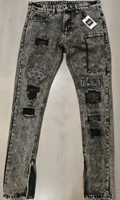 Pantalones de mezclilla Young & Reckless para hombre 31 negros ajustados pierna ajustada tobillo cremallera logotipo rasgado rodilla Foto 1 de 4