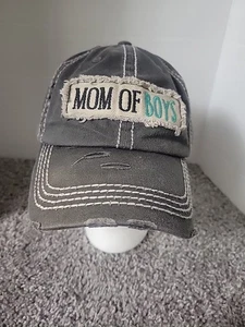 Mom of Boys Patch Distressed Adjustable Cap Hat Dark Gray Top Stitch Frayed  - Picture 1 of 6