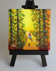 Forest Landscape Girl Black Cat Painting Miniature Art 3x3 easel Creationarts - Picture 1 of 3