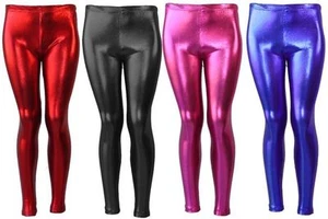 New Children Kids Metallic Hot Wet Look Shiny Party Disco Pants Leggings - Picture 1 of 10