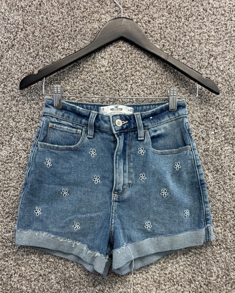 Pantalones Cortos Hollister Curvy Cintura Ultra Alta Mamá 3" Entrepierna Denim Margarita Bordado W25 Foto 1 de 4