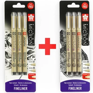 6x Sakura Pigma Micron Fineliner Pens - 0.3/0.5mm/Graphic+0.1/0.5mm/Brush -Black - Picture 1 of 5