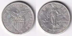 1 Peso 1908-S US-Philippine United States of America Coin - Stock #H29 - Picture 1 of 4