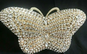 New Gold With Clear Austrian Crystal Butterfly Hard Shell Evening Clutch Bag  - Bild 1 von 3