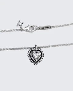 New 100% PANDORA 925 Sparkling double Heart Halo Necklace Stud Earring Gift Set - Picture 1 of 10