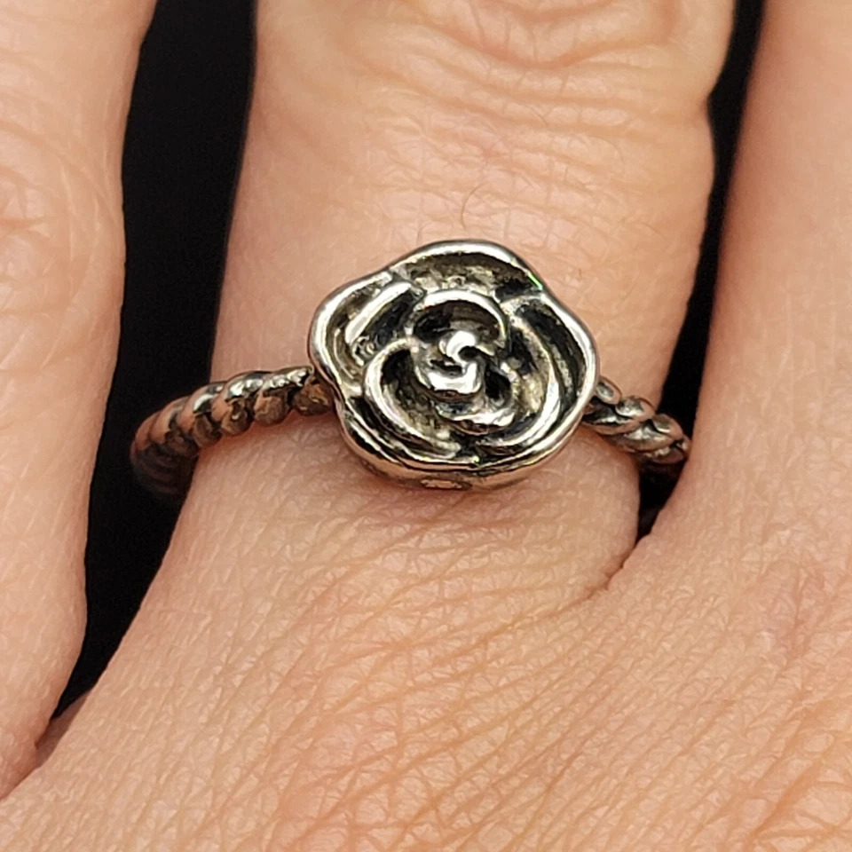 Vintage Silver Tone Rose Ring Rope Band Flower Eternity Band Romantic Jewelry  — 第 1/4 张图片