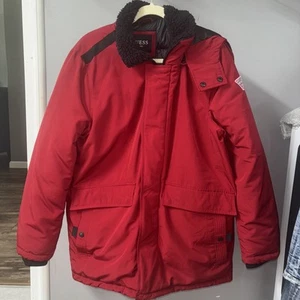 Guess Men’s Heavy Winter Parka Jacket Red Faux Fur Size: Detachable Hoodie - Picture 1 of 6