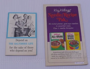 2 VINTAGE ADVERTISING SEWING NEEDLE BOOKS, BALTIMORE LIFE, KELLOGG'S CEREAL - Picture 1 of 6