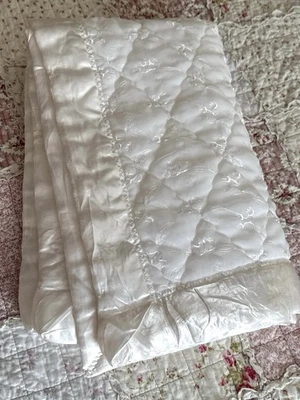 Vtg Baby Blanket Satin Trim Quilted Embroidered Floral 42”x34” White on White - Image 1 of 4