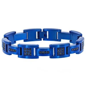Men's Bracelet Blue Plated Stainless Steel & Black Cubic Zirconia Link - Picture 1 of 1