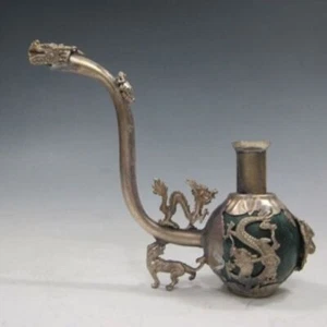 Pipa de fumar dragón con incrustación de plata antigua china hecha a mano Tíbet 1006 - Imagen 1 de 3