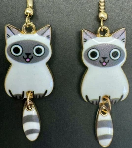 CUTE CAT 925 Sterling Silver Colorful Calico Grey White Cat Dangle Earrings - Picture 1 of 5