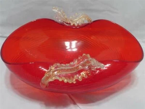 VINTAGE/ANTIQUE VENETIAN ART RED BOWL APPLIED HANDLES Murano - Picture 1 of 12