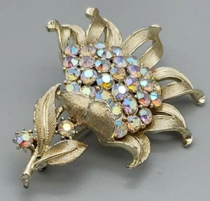 Signed Coro Gold tone Flower brooch with clear AB rhinestones - Picture 1 of 9