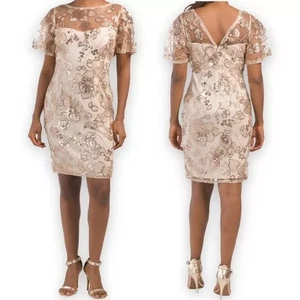 Adrianna Papell Sheath Dress Sz 14 Champagne Cap Sleeve Sequin Embroidered NWT - Picture 1 of 15