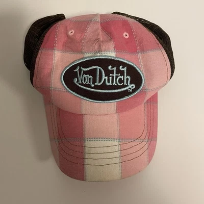 Gorra de camionero vintage rosa a cuadros con logotipo retro Von Dutch logotipo Y2K Foto 1 de 4