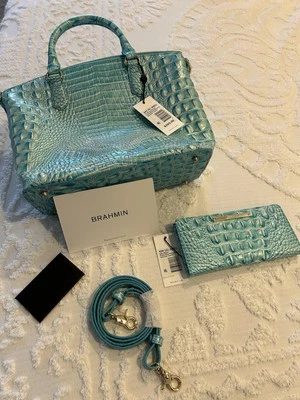 NUEVO CON ETIQUETAS Cartera Brahmin Duxbury Azul Polvoriento Melbourne Cuero Genuino Cartera a Juego Foto 1 de 4