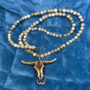 Western Jewelry Picture Jasper Beaded Necklace w/ Cow Bull Skull 34” BHD - Picture 1 of 10
