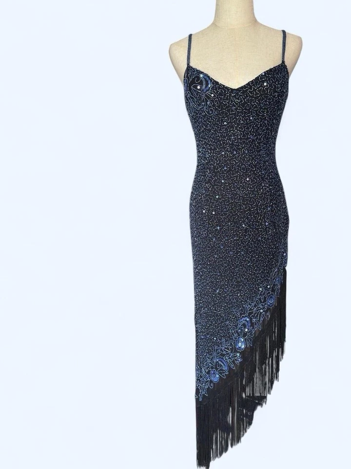 Años 90 Y2K caprichoso vampiro gótico totalmente con cuentas dobladillo asimétrico sexy burlesco MED Foto 1 de 4