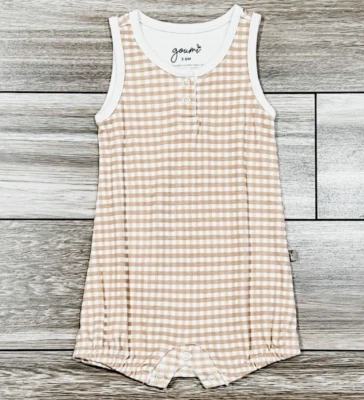 NUEVO Mameluco sin mangas Goumi Kids bambú tostado blanco guinga picnic talla 3-6M Foto 1 de 3