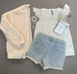 Girls Size 7/8 Cream Denim Outfit Lot Earrings Old Navy Cat Jack Art Class - Picture 1 of 9