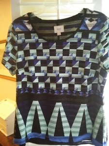 ECI New York Unique Pullover Top Mint Green, Blue & Black Print Eyelet Detail L - Picture 1 of 1