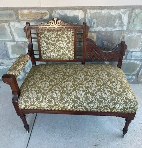 Antique Victorian Eastlake Settee Love Seat Chair Rivets Tapestry Fabric Wheels Cover