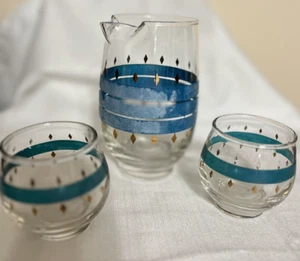 Barware Turquoise & Gold Striped Glass Liquor Decanter & 2 cups MCM - Picture 1 of 6