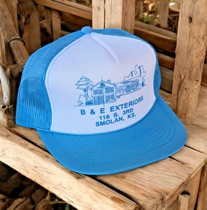 Vintage "B & E EXTERIORS" Snapback Meshback Foam Hat Cap Blue/White - Picture 1 of 9