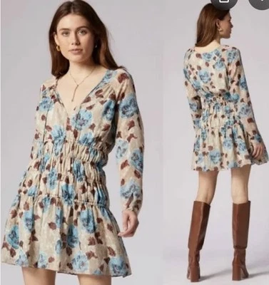 NUEVO Mini Vestido Joie Aminah 100% Seda Azul Tostado Floral Talla Pequeña Foto 1 de 4