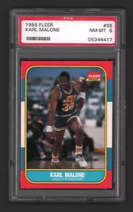 Tarjeta de novato Karl Malone HOF Jazz 1986 baloncesto Fleer #68 RC PSA 8 (NM-MT) LEER - Imagen 1 de 2
