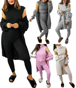 Damen Rollkragen Grobstrick 3 Teiler Anzug Lounge Set Damen Gerippt Trainingsanzug - Bild 1 von 6