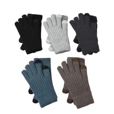 Luvas térmicas masculinas de malha internas de veludo sólido dedo inteiro tela sensível ao toque - Imagem 1 de 3