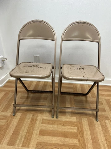 Vintage Metal FOLDING CHAIR PAIR mid century set beige lot bistro dinette DURHAM Cover