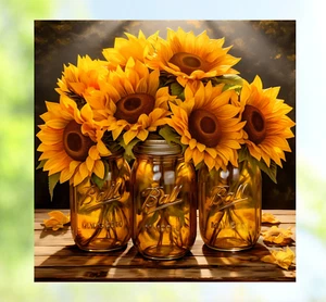 Fall Sunflowers in Mason Jars WINDOW CLING Size 8" Repositionable Vinyl - Picture 1 of 2