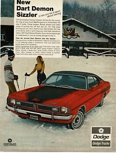 1972 DODGE Dart Demon Sizzler red In snow with skiers Vintage Print Ad