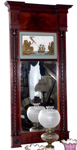 MIRROR, looking glass, label- New York, F Stoppani, c1820, Sheraton Federal, 50" Cover