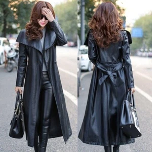 Gabardina larga negra para mujer - Abrigo de invierno de cuero de vaca genuino - Imagen 1 de 7