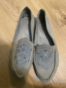 Jacques Levine Suede Driving Shoes Blue Size 10 Slip On Moccasins Slippers Spain - Picture 1 of 7