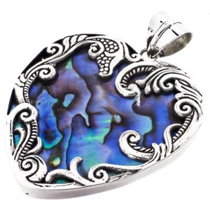 925 Silver Heart New Zealand Paua Abalone Shell Sterling Pendant, 1 5/8" - Picture 1 of 3