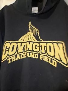 Youth medium black hoodie Covington Trojans, gold, emblem, track and field - Picture 1 of 11