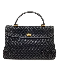 BALLY Mesh Leather Top Handle Handbag Black Woven Pattern Gold Hardware Vintage - Picture 1 of 8