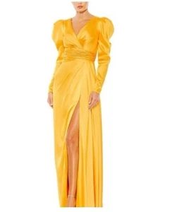 Nuevo Mac Duggal Talla 6 Amarillo 12404 Manga Larga Satén Formal Vestido de Cóctel - Imagen 1 de 6
